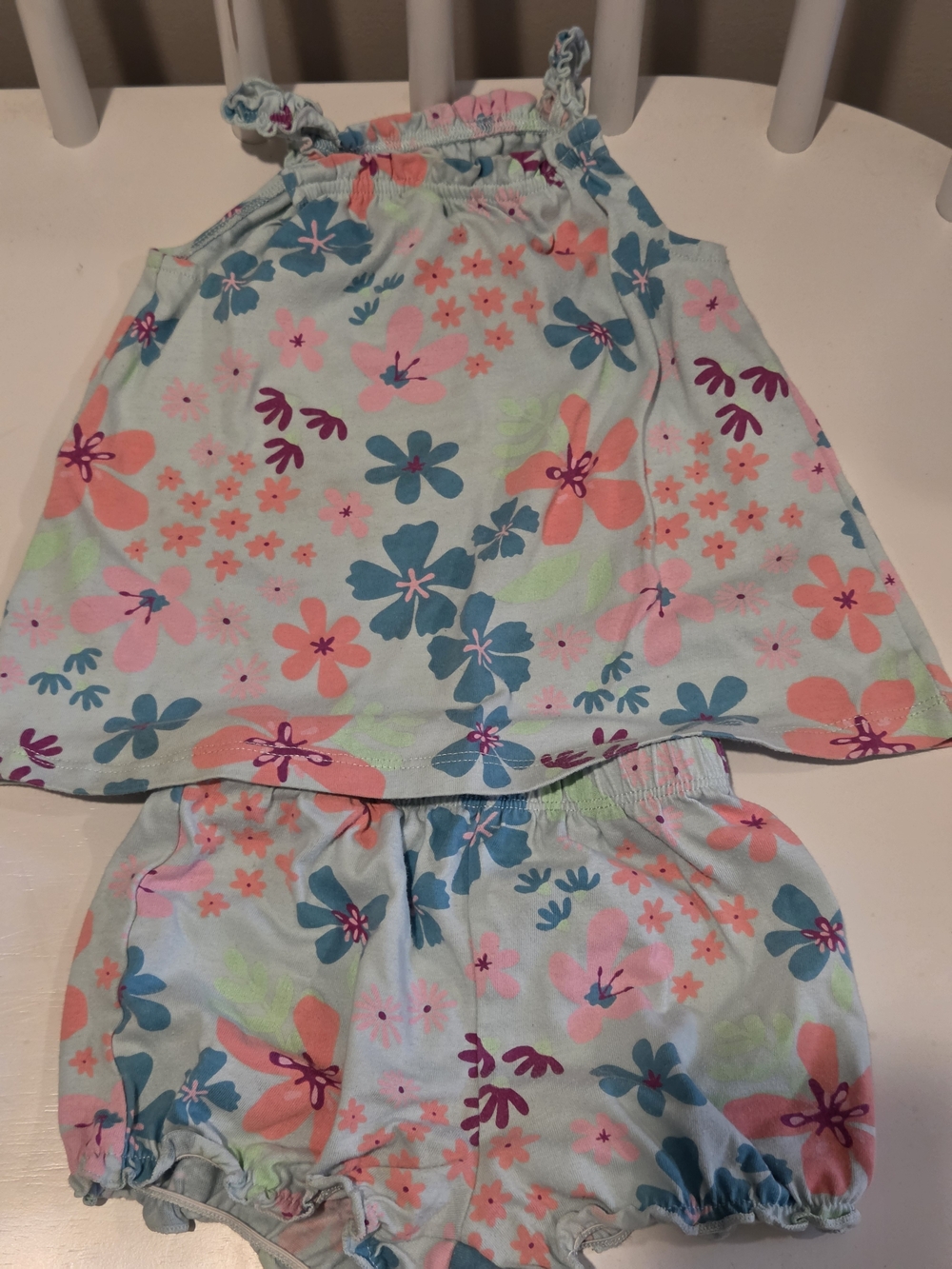 okie dokie Light Blue Floral Tank & Bloomers  Set 12M